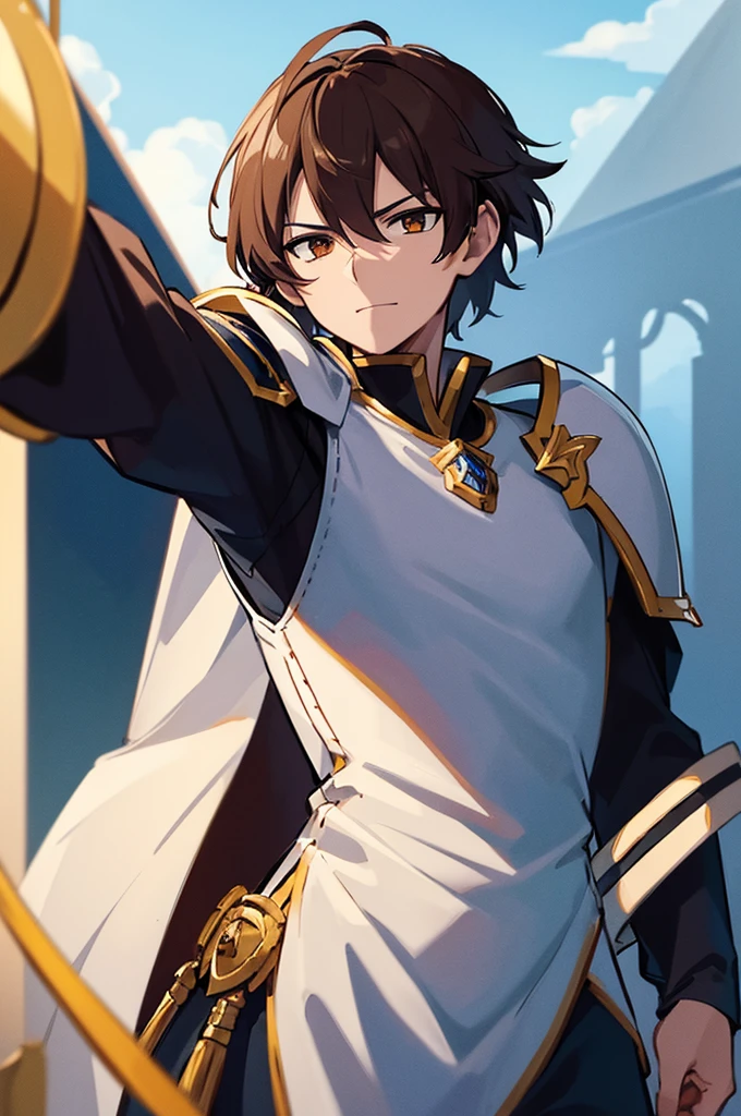 Highest quality, masterpiece, High resolution, alone, （Fire emblem），（FE Heroes_Reef），Evening sky_background，Middle Age_male，（smug face），（Brown_Hair Color）,Short Hair， 4K, masterpiece,， alone, 1,whole body，looking at the camera, Fumaru，white_armor，（white_coat），Big Spear，Sharp Eyes，（Full Finger）, （The finer details）, （Anatomically correct）, (映画のbackground), Hyper Detail, (Subtle details), (Intricate details)