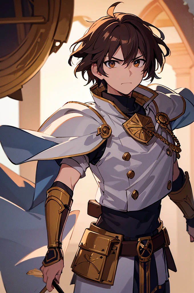 Highest quality, masterpiece, High resolution, alone, （Fire emblem），（FE Heroes_Reef），Evening sky_background，Middle Age_male，（smug face），（Brown_Hair Color）,Short Hair， 4K, masterpiece,， alone, 1,whole body，looking at the camera, Fumaru，white_armor，（white_coat），Big Spear，Sharp Eyes，（Full Finger）, （The finer details）, （Anatomically correct）, (映画のbackground), Hyper Detail, (Subtle details), (Intricate details)