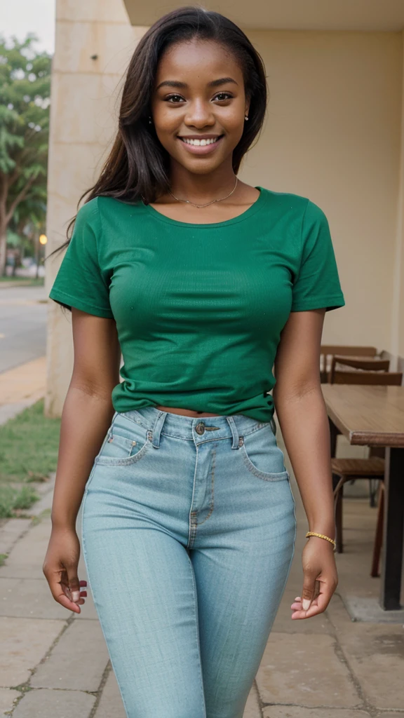 Very attractive 21 year old Zambia girl, nice thighs, bright smile, full lips, bright smile, plain green t-shirt, tight jeans