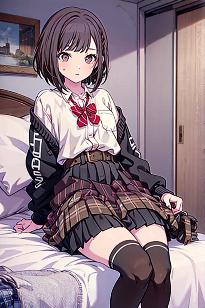 Brown hair JK 17 years old Pleated skirt Blouse Black knee-high socks Straight Big Horny Bedroom