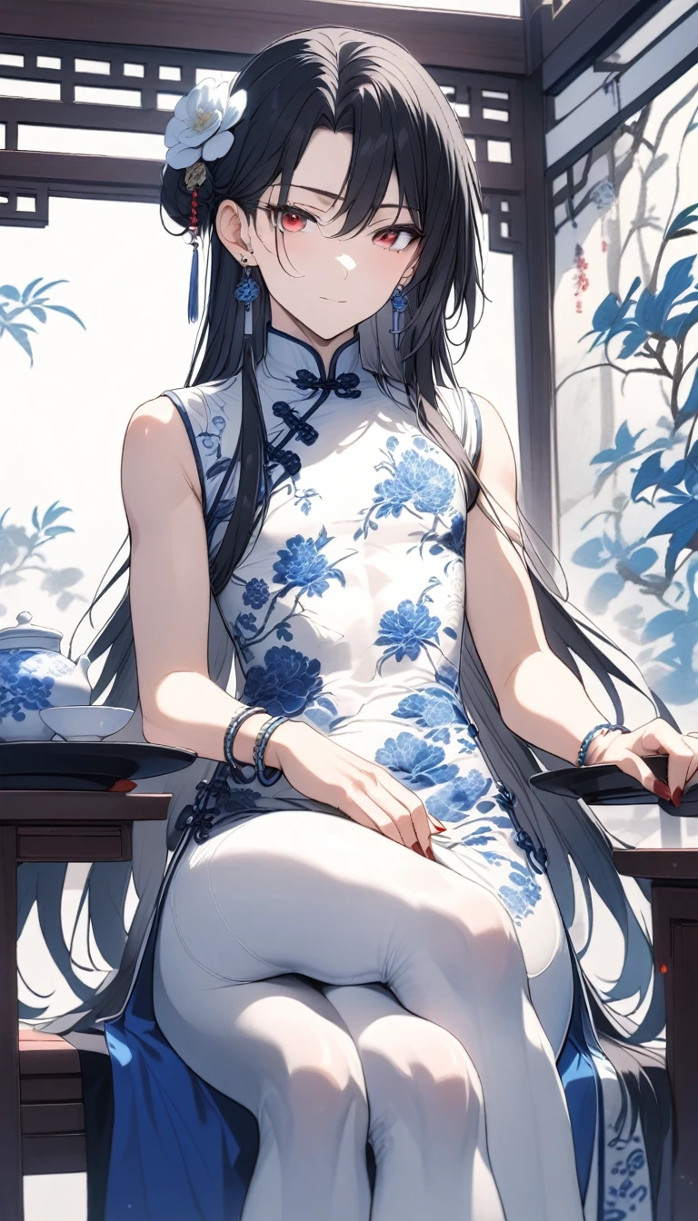 1man,(mature male),cool face,35 year old,red eyes,flat_chest,seductive smile,blue and white porcelain Chinese-style clothing,blue and white porcelain Chinese dress,blue and white porcelain Chinese qipao,blue and white porcelain floral print print,sitting,black hair,very long hair,long bangs,jewelry,blue and white porcelain chinese clothes,blue and white porcelain print dress,sleeveless,crossed legs,(bulge:0.8),looking at viewer,indoor,(teahouse),earrings,red nails,holding,bracelet,solo,holding tray,hair ornament,