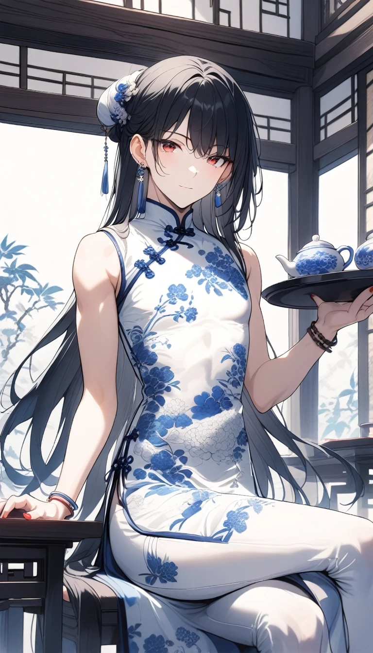 1man,(mature male),cool face,35 year old,red eyes,flat_chest,seductive smile,blue and white porcelain Chinese-style clothing,blue and white porcelain Chinese dress,blue and white porcelain Chinese qipao,blue and white porcelain floral print print,sitting,black hair,very long hair,long bangs,jewelry,blue and white porcelain chinese clothes,blue and white porcelain print dress,sleeveless,crossed legs,(bulge:0.8),looking at viewer,indoor,(teahouse),earrings,red nails,holding,bracelet,solo,holding tray,hair ornament,