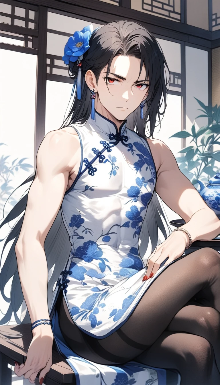 1man,(mature male),cool face,35 year old,red eyes,flat_chest,seductive smile,blue and white porcelain Chinese-style clothing,blue and white porcelain Chinese dress,blue and white porcelain Chinese qipao,blue and white porcelain floral print print,sitting,black hair,very long hair,long bangs,jewelry,blue and white porcelain chinese clothes,blue and white porcelain print dress,sleeveless,crossed legs,(bulge:0.8),looking at viewer,indoor,(teahouse),earrings,red nails,holding,bracelet,solo,holding tray,hair ornament,