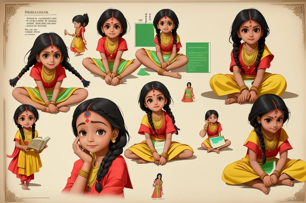Create a character design sheet of a young Indian girl, approximately 6 years old. The sheet should include various poses and activities such as reading a book, playing with a ball, laughing, and sitting with a thoughtful expression. The girl should have a friendly and cheerful appearance, with traditional Indian attire like a colorful dress or kurta. Include details like expressive facial features, braided hair, and a playful demeanor to capture her youthful energy and personality.