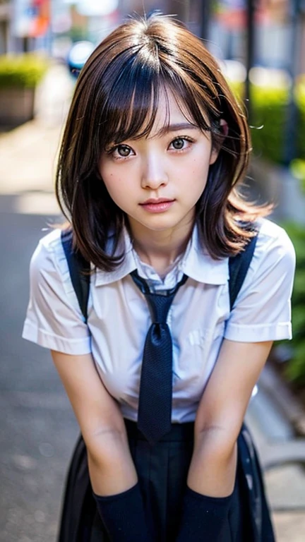 (Realistic, photo Realistic:1.2), ((Highest quality)), ((Detailed eyes、Beautiful Eyes、Fine Eyes))Return the center of gravity, Quite embarrassing, Tight Skirt, (Pull-up skirt:1.3), Black Penny Loafers, Beautiful face details, Real human skin, Gentle expression, angle from below, Realistic, photoRealistic, cute, Short skirt, deep on school grounds, cute school girl, Japan