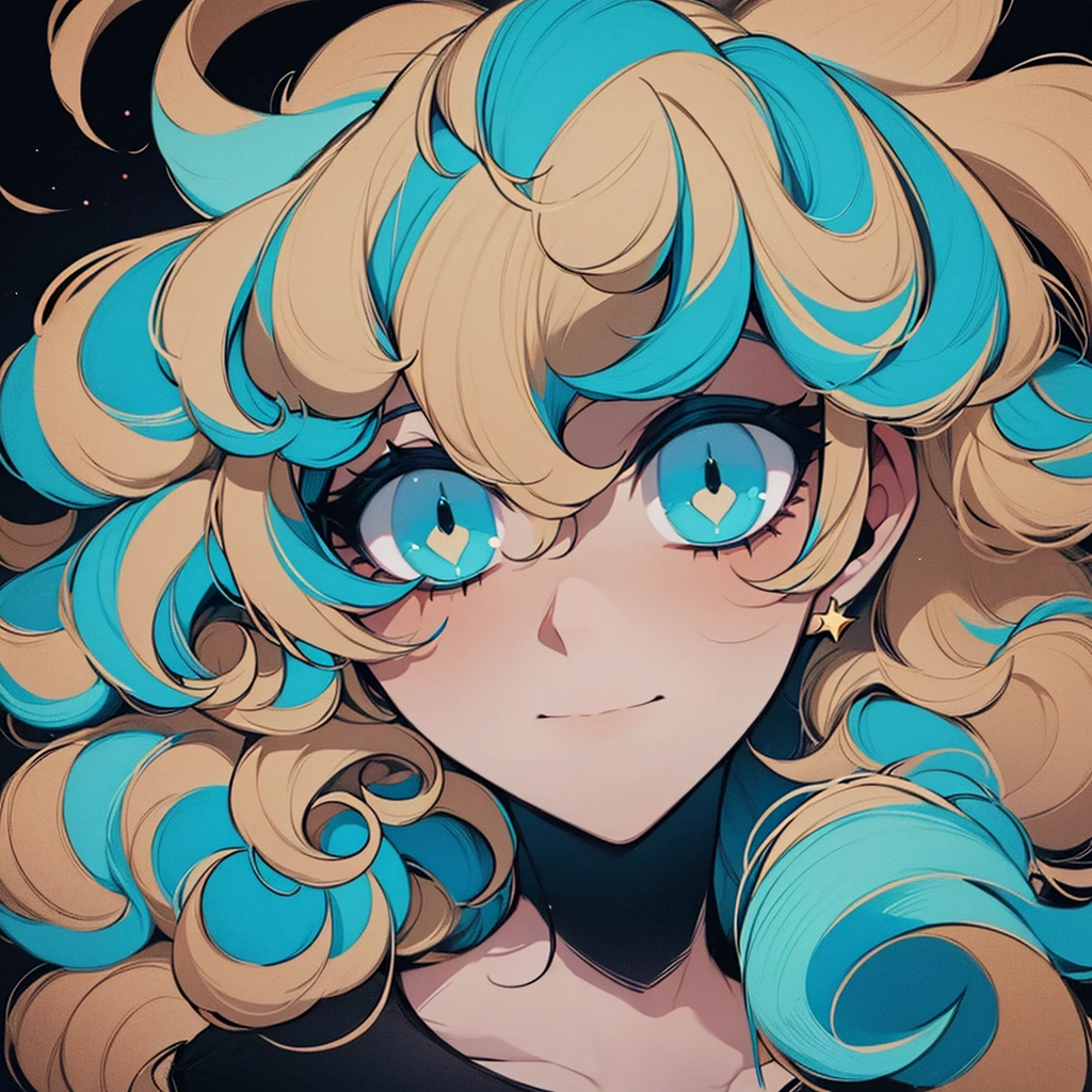 A portrait of a blond with curls with his hand on the side of her face, looking up at space in the style of colorful neon light against a dark background in vibrant colors in the charcoal drawing style