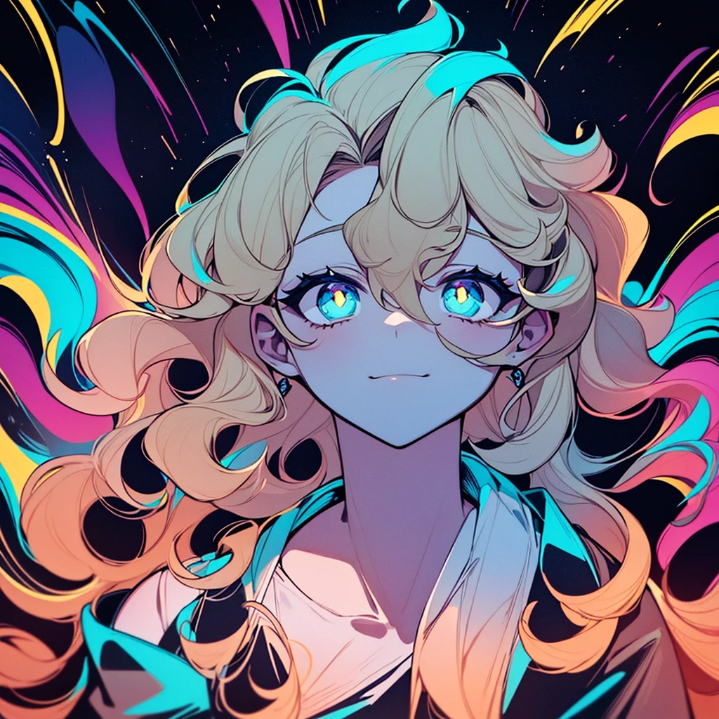 A portrait of a blond with curls with his hand on the side of her face, looking up at space in the style of colorful neon light against a dark background in vibrant colors in the charcoal drawing style