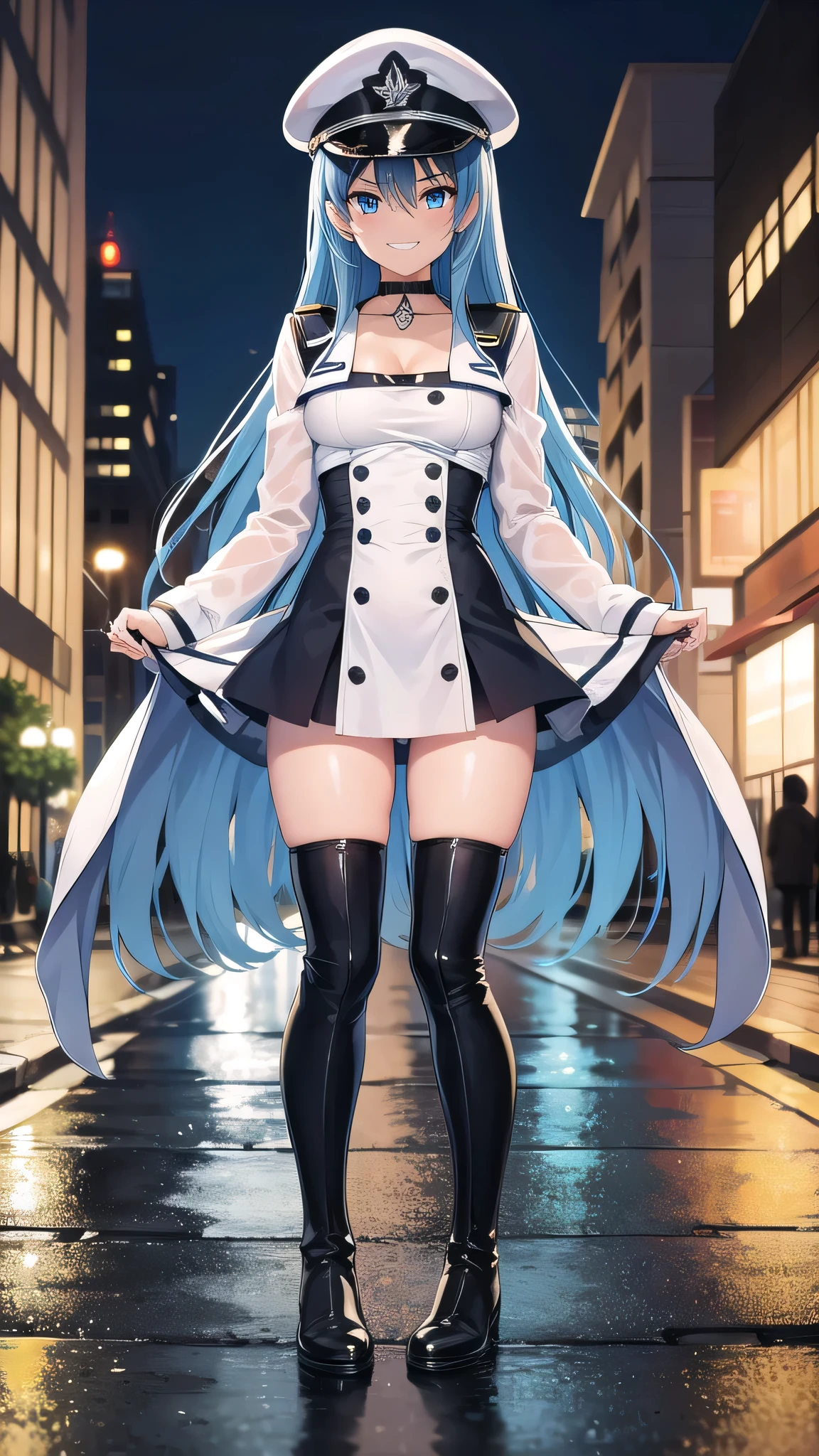 esdeath, esdeath, blue eyes, blue hair, long hair, (small breast:1.2), smile, grin,
BREAK boots, choker, cleavage, collarbone, hat, ice, military, military uniform, peaked cap, thigh boots, thighhighs, uniform,BREAK looking at viewer, full body,BREAK indoors,
BREAK (masterpiece:1.2), best quality, high resolution, unity 8k wallpaper, (illustration:0.8), (beautiful detailed eyes:1.6), extremely detailed face, perfect lighting, extremely detailed CG, (perfect hands, perfect anatomy),street, city, wet road, reflections,night,staying in middle of street.