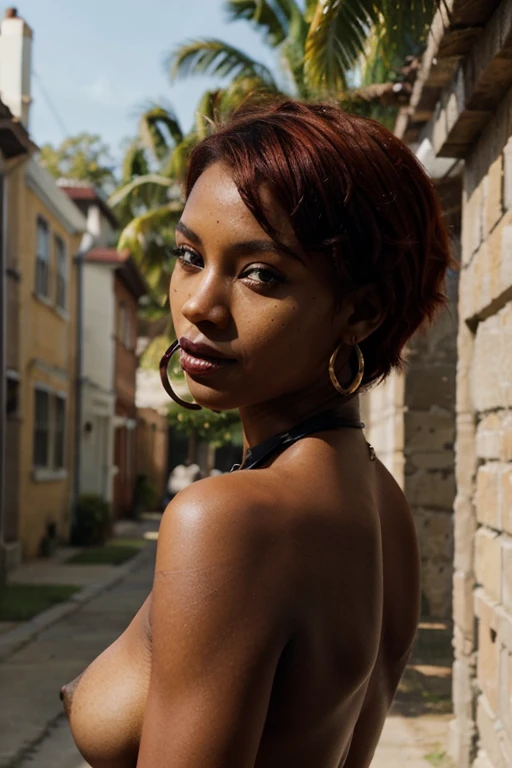 bright summer day ebony love nude stunningly beautiful short red hair hoop earrings wearing black lipstick