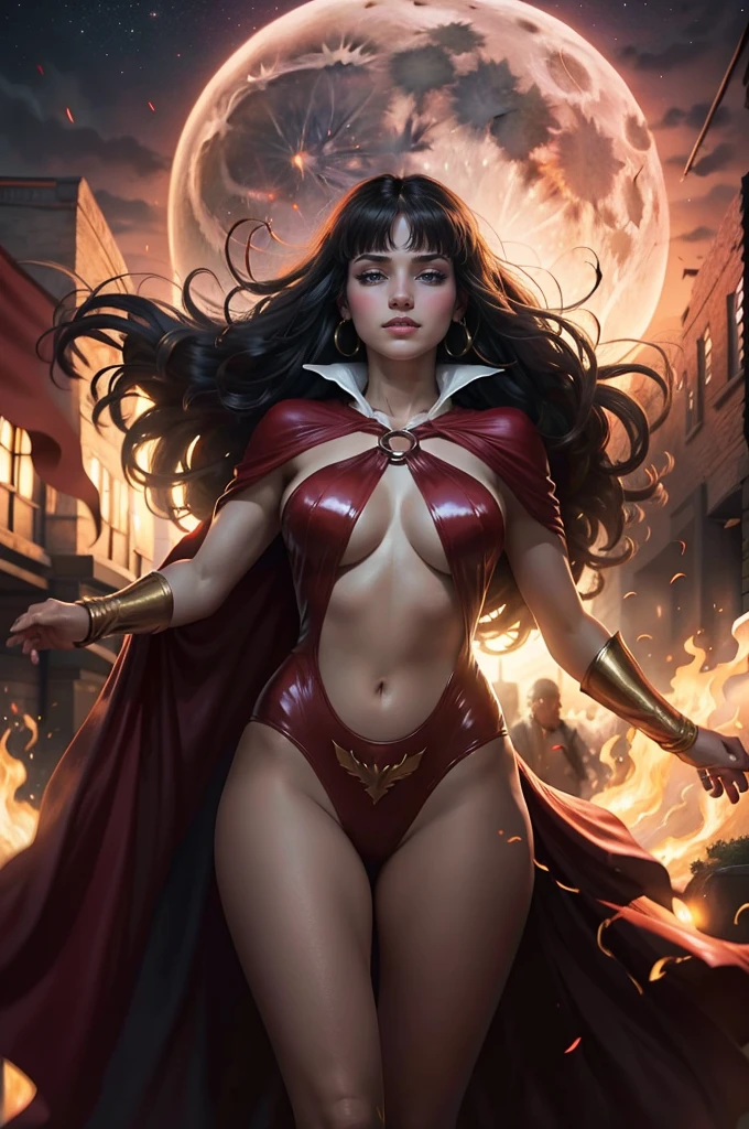 Sensual vampire with red cape, red cloak grande, huge hair, big hair flying in the wind, red cloak, lights in the background, big full moon, huge full moon in the background, hair on the wind, grande hair on the wind, fluttering cape, open arms