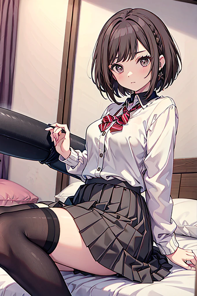 Brown hair JK ************ Pleated skirt Blouse Black knee-high socks Straight Big  Horny Bedroom