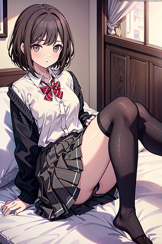 Brown hair JK Pleated skirt Blouse Black knee-high socks Straight Big Horny Bedroom
