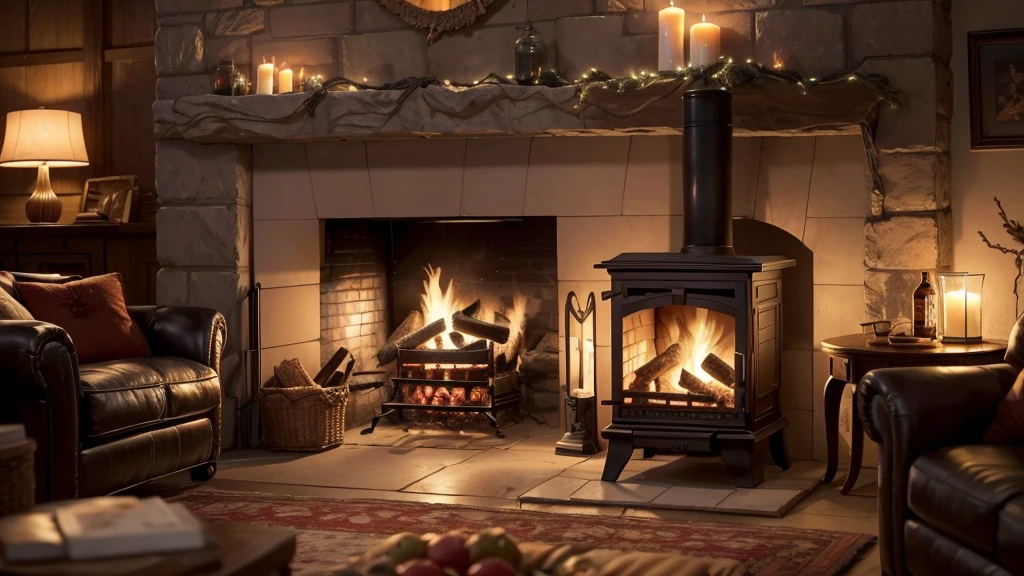 A close-up photorealistic image of a cozy crackling fireplace with warm, inviting lighting. The fire should be the main focus, with dancing flames, glowing embers, and wisps of smoke. The fireplace itself should be made of stone or brick, with a rustic and timeworn appearance. Use warm tones and high contrast to create a cozy and inviting atmosphere.