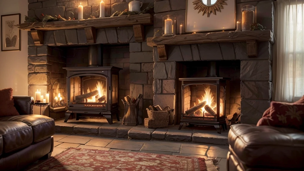 A close-up photorealistic image of a cozy crackling fireplace with warm, inviting lighting. The fire should be the main focus, with dancing flames, glowing embers, and wisps of smoke. The fireplace itself should be made of stone or brick, with a rustic and timeworn appearance. Use warm tones and high contrast to create a cozy and inviting atmosphere.
