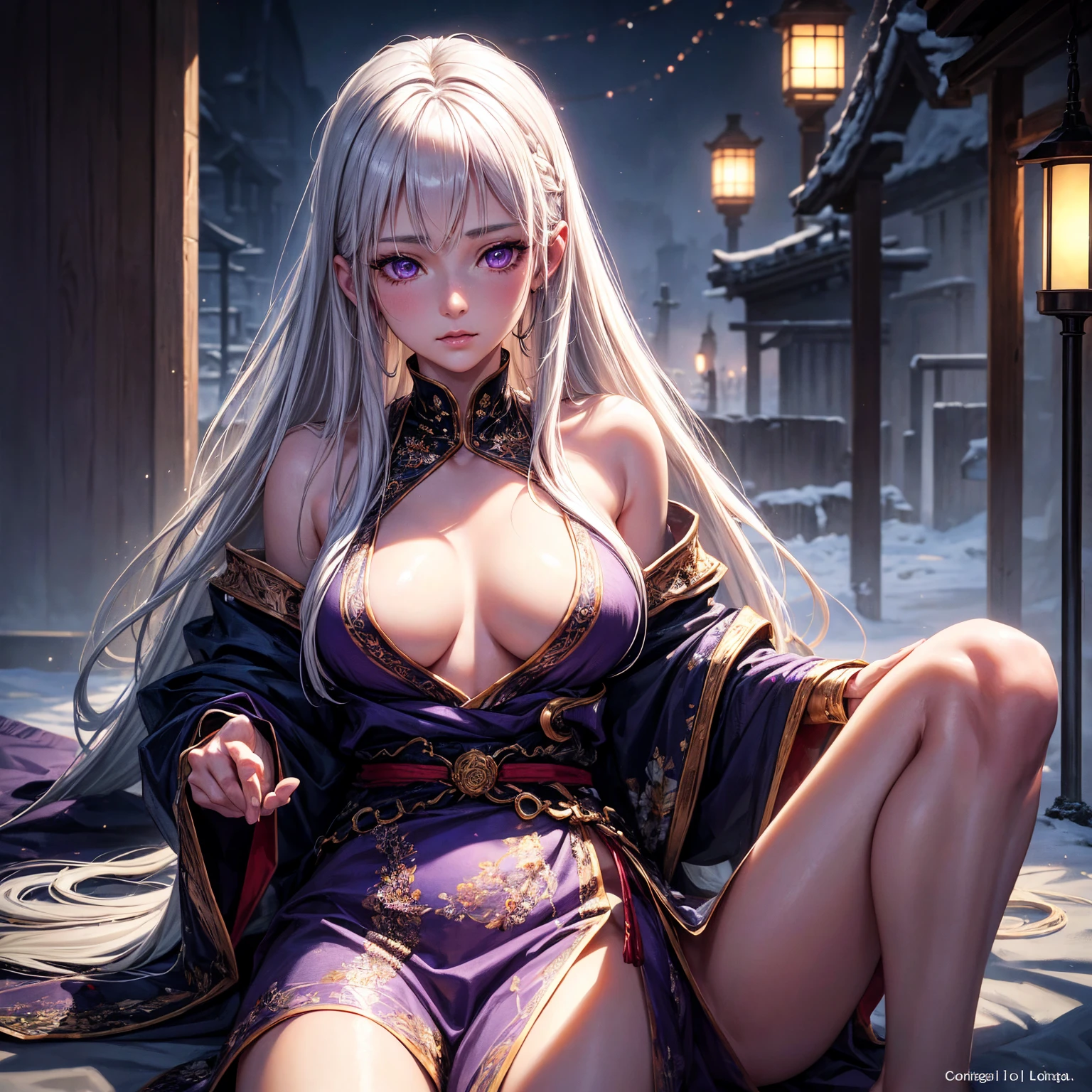 old woman, 1girl, long white hair, small breasts, purple eyes!!!, fair skin, blank face, she nude, penis instead of a pussy, full body, no helmet, night, sitting medieval japanese town, very sexy body, detailed face, beautiful detailed eyes, beautiful detailed lips, extremely detailed eyes and face, long eyelashes, highly detailed, photo realistic, 8k, best quality, masterpiece, cinematic lighting, dramatic lighting, vibrant colors, fantasy, digital art, concept art