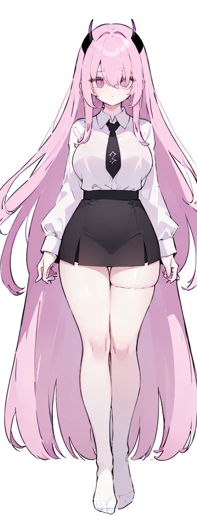 (((Long Pink hair))),Pink hair,kawai,(((Eyes visible from bangs,hair over eyes:1.3))),,Huge breasts,(purple color eyes),,(purple slanted eyes),1girl in,bangs,long White hair, pantyhose,Cowboy Shot,white background,Straight hair hair,(On both sides of the head has sharp black devil horns) ((head bowed pose)) Ter's hair flows straight down, has two sharp black horns (slant purple eyes) (((wearing a perfect white shirt))) white shirt sleeves should be folded to the elbows ((Don't wear any ties (wear a black skirt,) (showing her bare thighs) Long black skirt split at the thighs, perfect white shirt, no accessories like a tie (sexy body) Bare thighs without wearing any socks, The character's body is visible from head to ankle, ((Tall slim perfect body)) (tight black skirt) full body full body full body full body (Full body image) legs wearing a short white loose t-shirt, Perfect long toe legs kawai
