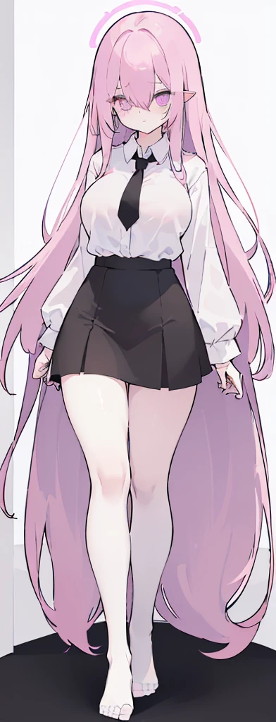 (((Long Pink hair))),Pink hair,kawai,(((Eyes visible from bangs,hair over eyes:1.3))),,Huge breasts,(purple color eyes),,(purple slanted eyes),1girl in,bangs,long White hair, pantyhose,Cowboy Shot,white background,Straight hair hair,(On both sides of the head has sharp black devil horns) ((head bowed pose)) Ter's hair flows straight down, has two sharp black horns (slant purple eyes) (((wearing a perfect white shirt))) white shirt sleeves should be folded to the elbows ((Don't wear any ties (wear a black skirt,) (showing her bare thighs) Long black skirt split at the thighs, perfect white shirt, no accessories like a tie (sexy body) Bare thighs without wearing any socks, The character's body is visible from head to ankle, ((Tall slim perfect body)) (tight black skirt) full body full body full body full body (Full body image) legs wearing a short white loose t-shirt, Perfect long toe legs kawai