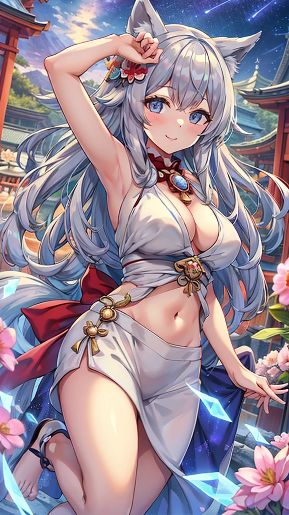 Masterpiece、Highest quality、Super detailed、Fluffy and soft long hair、Gray Hair、Diamond Eyes、Big Tits、Too big breasts、Shrine maiden、Mysterious Shrine、Starry Sky、Fox ears and tail、smile、Belly button