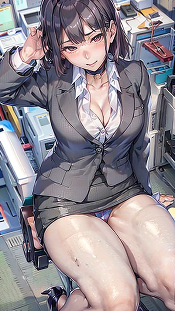 office,Bob,Black jacket,White shirt,Cleavage,Leg spread,M字Leg spread:1.7,Job recruitment suit:1.5,Ahega,Sexual climax:1.5, Pencil Skirt,High heels