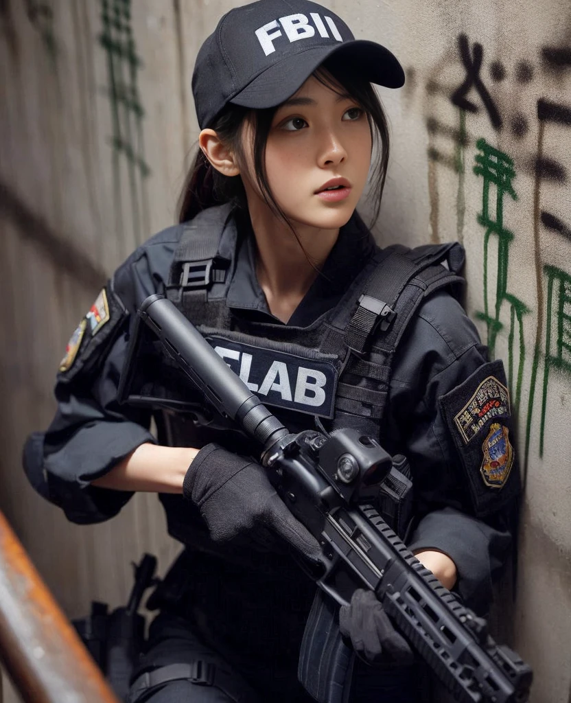 8K,Realistic Photo、Realistic Skin Texture、Superrealism、Japanese female member of FBI SWAT、nervous、Vigilance、Accurate equipment depiction、cap、Operation、Carefully climbing the stairs of a building、Stains on the wall、Suggestive wall graffiti、demarcation