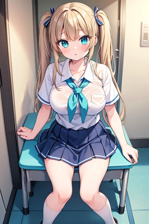 masterpiece,best quality,extremely detailed,anime,1girl,14years old,beautiful skin,beautiful eyes,Twintails hair,aqua eyes,(school uniform, short sleeve shirt,mini skirt),large breasts,face on focus,face waiting for kiss,Corridor,school,in the evening,