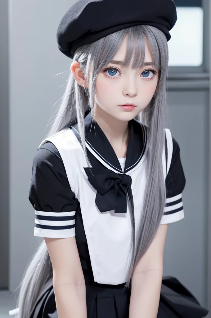 Anime style girl character、。Cat ears and cat tail、Long flowing grey hair、Big Blue Eyes。Expressionless、tilting your head。Black beret、What to wear、The  is all black and sailor-style, with a distinctive white sailor collar.、Skirt with white lines and pleats。Black ribbon on head