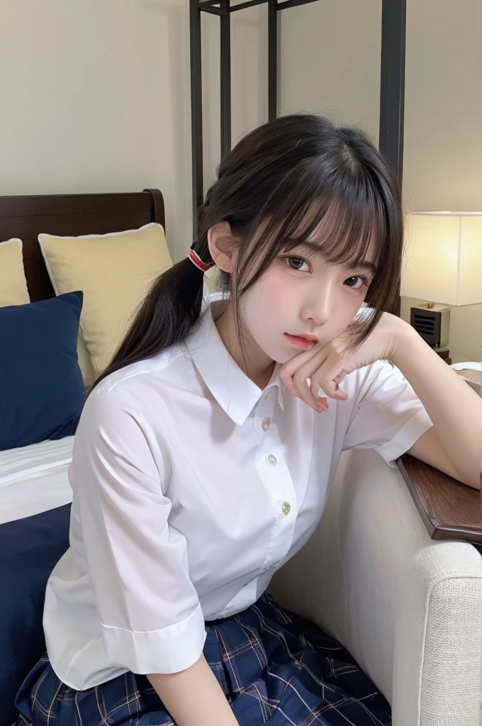 1 Girl, alone, Japanese girl, 14 years old,Bed at home、(Highest quality, Realistic, High resolution, 8K, Very detailed, Detailed face, Shiny skin), Japanese , Collared shirt, White shirt, Red ribbon, Black Hair, ragged bangs, ponytail,Gazing into the distance,Young face、Are thin、Slim figure、slender、Short、 System、((Lots of sweat))、Navy blue checked skirt、Nice thighs、Are sleeping、Lying on your back、Shot from above、