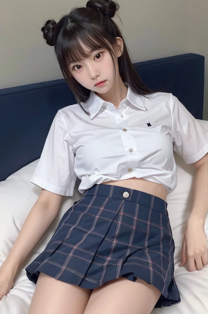 1 Girl, alone, Japanese girl, ,Bed at home、(Highest quality, Realistic, High resolution, 8K, Very detailed, Detailed face, Shiny skin), Japanese , Collared shirt, White shirt, Red ribbon, Black Hair, ragged bangs, ponytail,Gazing into the distance,Young face、Are thin、Slim figure、slender、Short、 System、((Lots of sweat))、Navy blue checked skirt、Nice thighs、Are sleeping、Lying on your back、Shot from above、