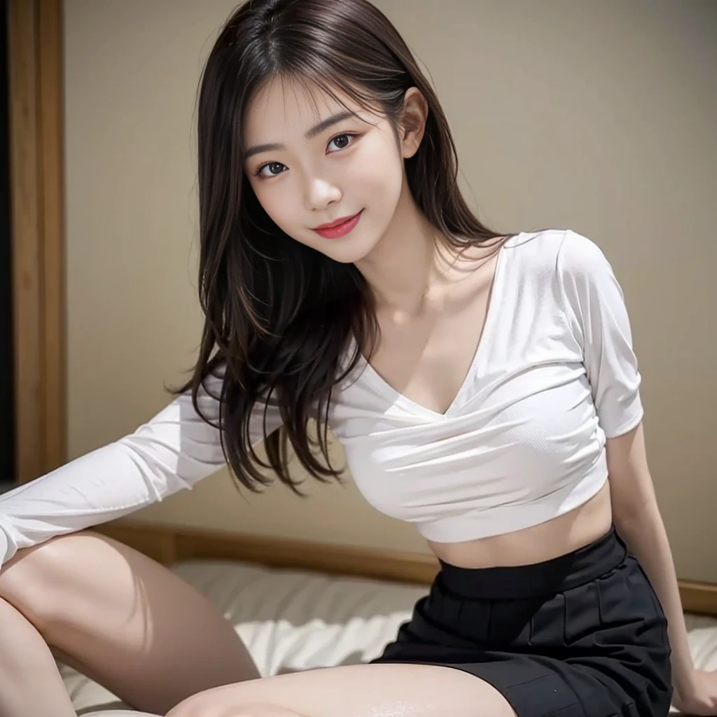 arafed asian woman in a white shirt wearing red bra inside and black skirt posing for a picture, a picture by Oliver Sin, trending on cg society, shin hanga, korean girl, gorgeous young korean woman, beautiful asian girl, beautiful south korean woman, gorgeous chinese model, young and cute girl, beautiful young korean woman, asian girl, wearing a red cute top, korean woman, smile, closed lips,