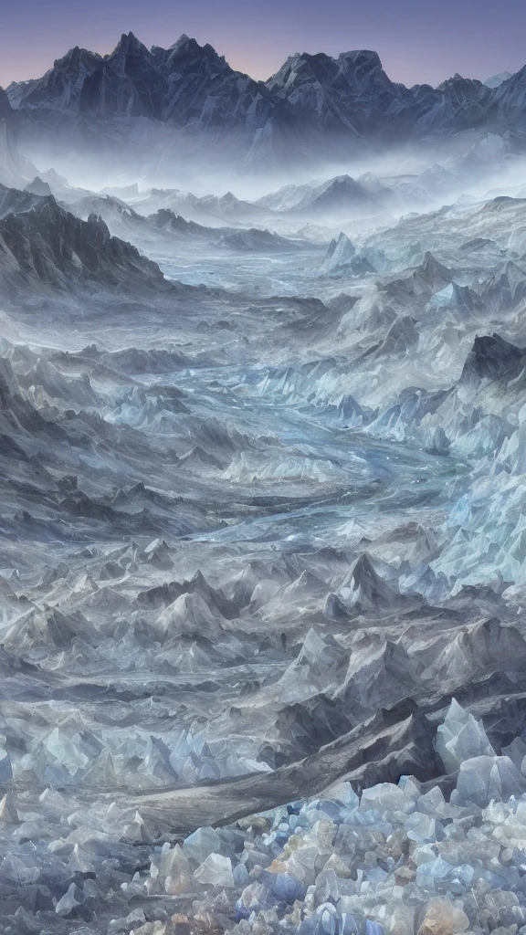 Planet of crystals and gems, (((crystals and gems)), fantasy art alien planet, valley of crystals and salt deposits, a mountain river with crystalline banks runs diagonally, Samdoesarts style. Stunning landscape, Huge scale, soft colors, Muted contrast, very detailed and confusing. mountain valley river. Valley of crystals on the planet, space fiction, many sharp protruding rock crystals, crystals sparkle and shimmer, light fog,  sunrise. divine rays, sharp focus