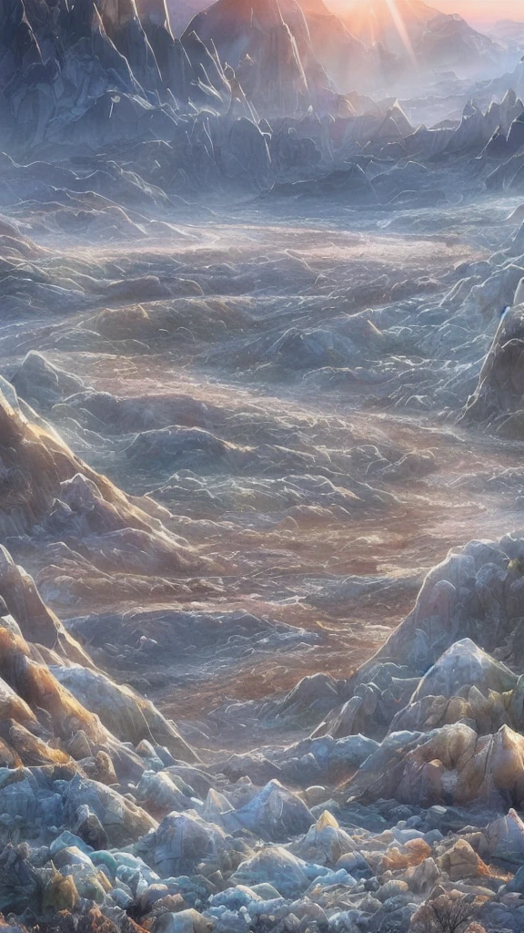Planet of crystals and gems, (((crystals and gems)), fantasy art alien planet, valley of crystals and salt deposits, a mountain river with crystalline banks runs diagonally, Samdoesarts style. Stunning landscape, Huge scale, soft colors, Muted contrast, very detailed and confusing. mountain valley river. Valley of crystals on the planet, space fiction, many sharp protruding rock crystals, crystals sparkle and shimmer, light fog, sunrise. divine rays, sharp focus