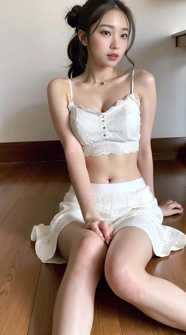 Dark brown hair、Light brown eyes、Japanese actress、 Miss、I am about 40 years old...、(Intricate details:1.2)、(Which is the top????:1.4)、 (Ultra-high resolution:1.2)、Ultra-high resolution、(Fine tune)、(Detailed facial features)、Hum、8k resolution、D cup size breasts、Long hair、Hair Bunstyle, Hair Bun、Hair Bun、1 girl, Deeply saddenedの表情, (Very detailed美しい顔), (camisole:1.5), (Bare shoulders:1.3), (best quality:1.4), (Very detailed)、Beautiful fair skin with a sense of transparency, sleeping、Sleep on the floor、top view、 Open your legs, Open your mouth a little、Her legs can be seen through her skirt、Deeply saddened、Weak posture、Obscene pose、White floor、White Wall、The morning sun shines in、Side-lying。