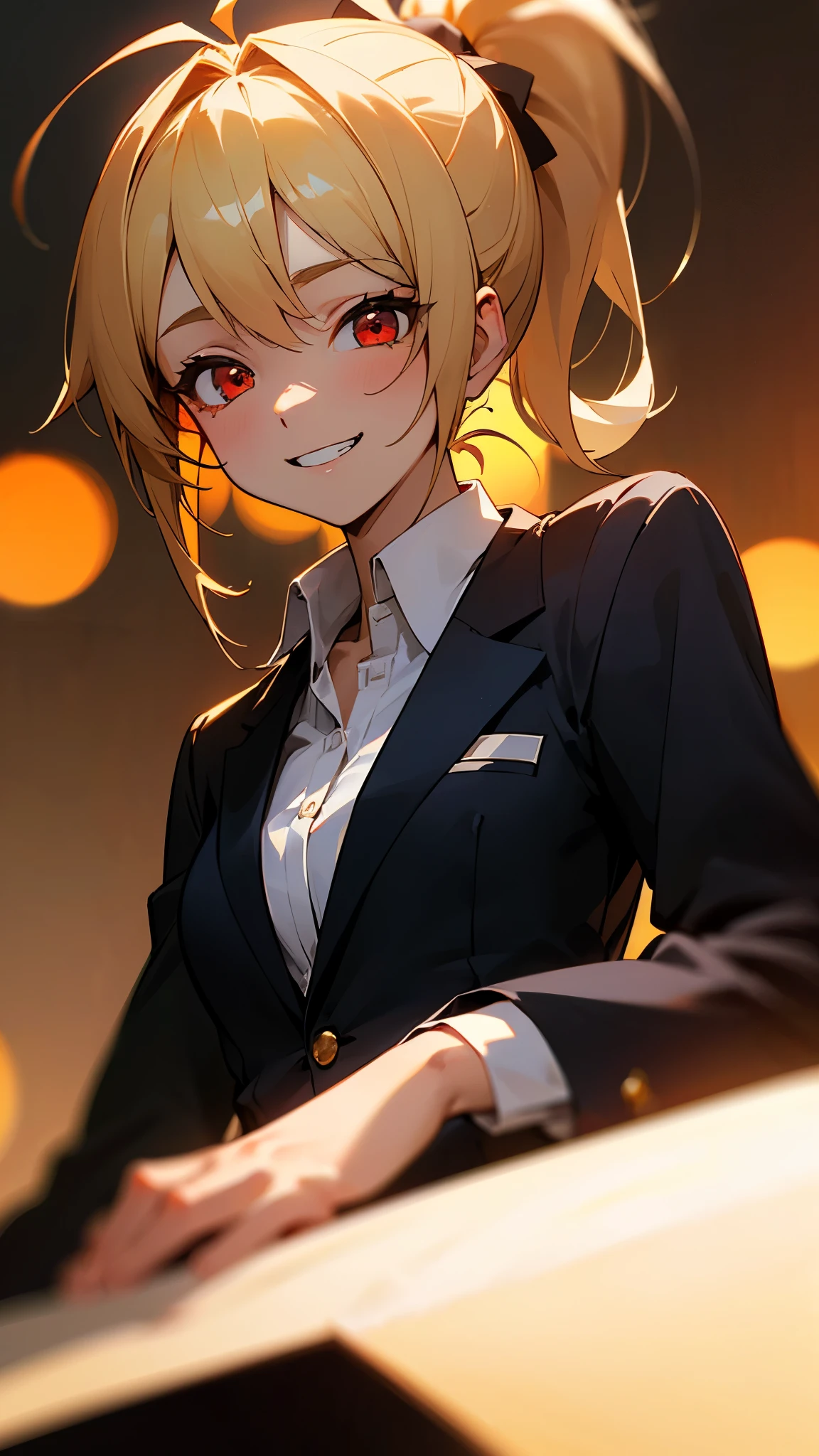 1 Girl、8K、Sharp focus、(Bokeh) (Highest quality) (Detailed skin:1.3) (Intricate details) (anime)、、Blonde ponytail、Ahoge、Beautiful red eyes、Grin、White shirt、Black work trousers、Black Fitted Blazer、Slender body、Upper body close-up、Golden Hour Sky