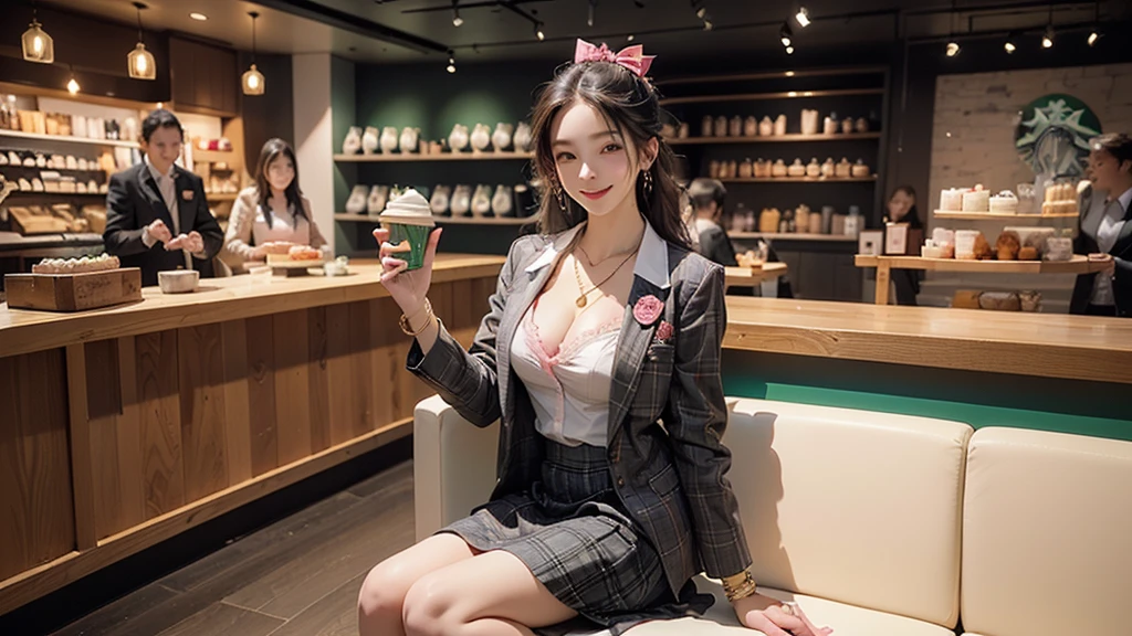 8K、RAW Photos、Highest quality、Super detailed、Super Resolution、Ultra HD、8K壁紙、Amazing details blazer uniform girl ((White blouse with formal collar, Pink Blazer,
Black plaid skirt, Red checkered ribbon on blouse)), Complete limbs, Full Finger,
(((((Inside the Starbucks store)))))、(( female student))、( cake、Drink coffee、smile)))))、(((Heart Necklace、Gold bracelet)))
(((Emphasize cleavage)))
((((Woman sitting at the window seat))))
(((Full body photo、The whole body is visible、Full body portrait)))
((((I can see the flower patterned bra))))
