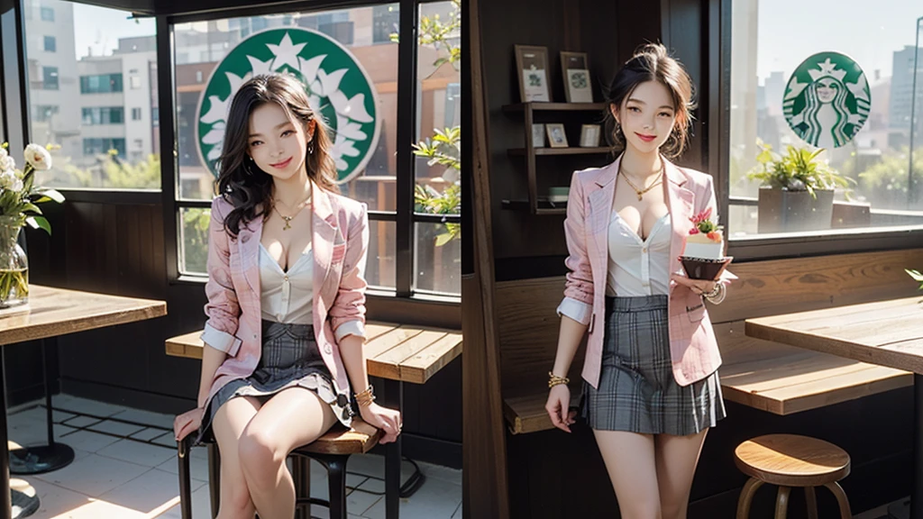 8K、RAW Photos、Highest quality、Super detailed、Super Resolution、Ultra HD、8K壁紙、Amazing details blazer uniform girl ((White blouse with formal collar, Blue Blazer,
Red Check Skirt, Red checkered ribbon on blouse)), Complete limbs, Full Finger,
(((((Starbucks)))))、((((Cafe bench with sea view))))((16 year old female student))、(((((Eat cake、Drink coffee、smile)))))、(((Heart Necklace、Gold bracelet)))
(((Emphasize cleavage)))
((((Full body photo、The whole body is visible、Full body portrait))))