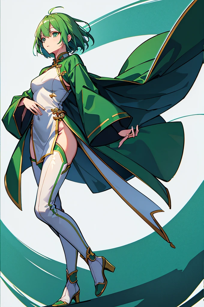 Green Hair、Her hair is short、small breast、standing、full body、Fighter、male、Uniform、Chinese Knight、Chinese style、White background、No exposure、China dress、pants、band、front、White is the main color of the outfit、Kung Fu