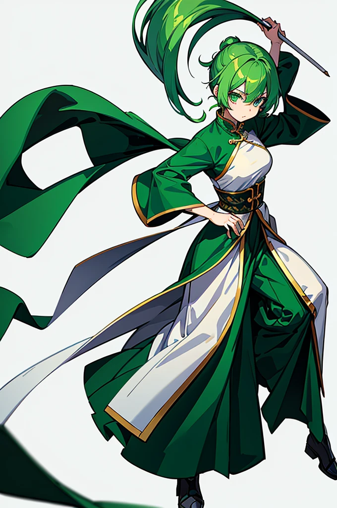 Green Hair、Her hair is short、small breast、standing、full body、Fighter、male、Uniform、Chinese Knight、Chinese style、White background、No exposure、China dress、pants、band、front、White is the main color of the outfit、Kung Fu