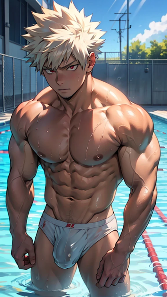 Top quality, Photorealistic, 8K, High definition, Unity 8k wallpaper, A high resolution, ultrasharp, Masterpiece, ((Masterpiece)), Best quality, Intricate details, Expressive eyes, Perfect face, Detailed face, Carefully open your eyes, Detailed eyes, Highly detailed and delicate figure art, Ultra-realistic, Detailed body, Detailed pectorals, ((Male focus)), Detailed muscles, From Boku Hero Academy，Katsuki Bakugo， swimming pool，red eyes, huge bulge, with wet skin, big legs, wearing white ??????