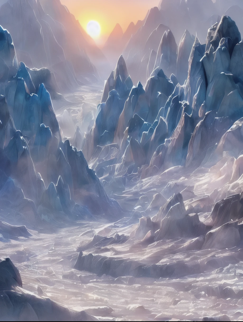 Planet of crystals and gems, (((crystals and gems)), fantasy art alien planet, valley of crystals and salt deposits, a mountain river with crystalline banks runs diagonally, Samdoesarts style. Stunning landscape, Huge scale, soft colors, Muted contrast, very detailed and confusing. mountain valley river. Valley of crystals on the planet, space fiction, many sharp protruding rock crystals, crystals sparkle and shimmer, light fog, sunrise. divine rays, sharp focus