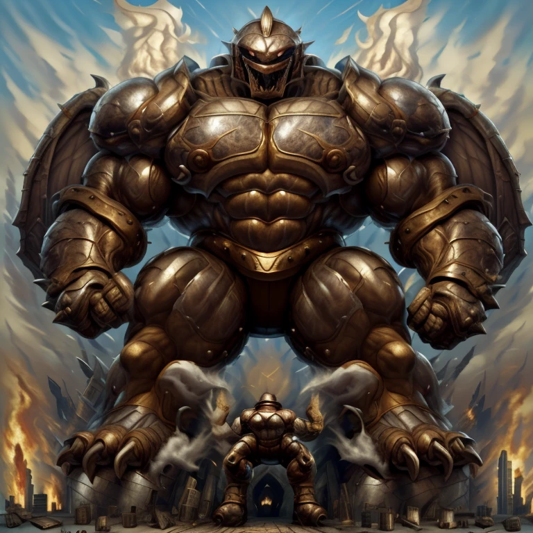 SOLO (masterpiece. official art. 8k. best quality. detailed full body. full body.)
(situation 1 : dominating Armored Flazzard. Armored Flazzard is over 1000 meters long. focus GIANT mechanical Muscular Armored Flazzard is trampling the city. Looking down. macro. stomp. Low-angle perspective. emphasizing the immense size.)
(situation 2 :smoke and flames rising from the destruction in the city)
(Additional details 1: real texture material. whole body shines like metal. emphasizes the muscles. suit fully made of metal.).
(Additional details 2: Detailed head. Detailed Body. Detailed abs. gigantic muscles. HYPER MUSCLES. Gigachad Muscular. big muscle. pecs. triceps. traps. unusually developed muscular body. body full of huge muscles. showing off muscles. pectorales enormes. Exaggeratedly huge muscles. huge muscles. long legs.).
(Additional details 3: Spread wings. It has wings. have big wings. The claws are sharp. Sharp teeth.).