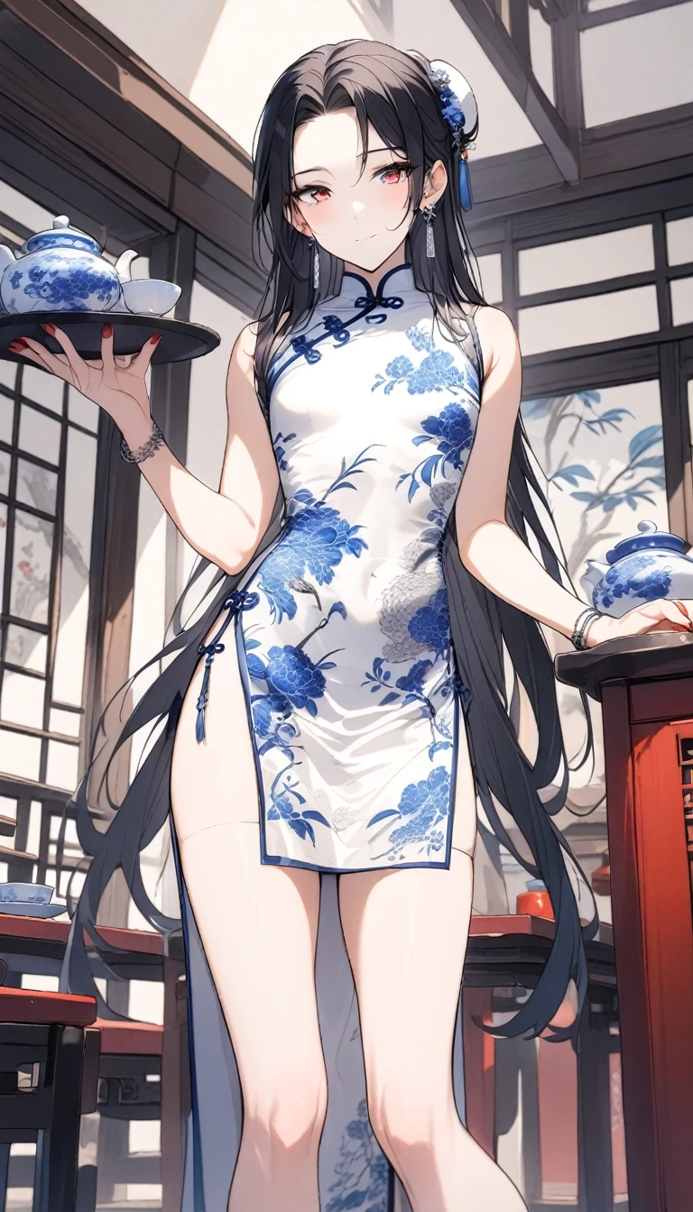 1man,(mature male),cool face,35 year old,red eyes,flat_chest,seductive smile,blue and white porcelain Chinese-style clothing,blue and white porcelain Chinese dress,blue and white porcelain Chinese qipao,blue and white porcelain floral print print,standing,black hair,very long hair,long bangs,jewelry,blue and white porcelain chinese clothes,blue and white porcelain print dress,sleeveless,legs_apart,(bulge:0.8),looking at viewer,indoor,(teahouse),earrings,red nails,holding,bracelet,solo,,holding tray,hair ornament,
