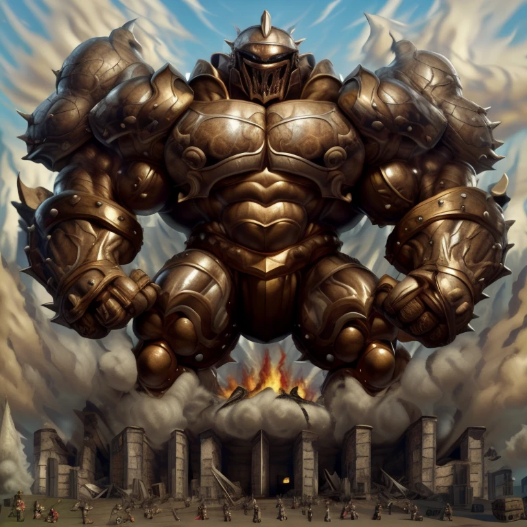 SOLO (masterpiece. official art. 8k. best quality. detailed full body. full body.)
(situation 1 : dominating Armored Flazzard. Armored Flazzard is over 1000 meters long. focus GIANT mechanical Muscular Armored Flazzard is trampling the city. Looking down. macro. stomp. Low-angle perspective. emphasizing the immense size.)
(situation 2 :smoke and flames rising from the destruction in the city)
(Additional details 1: real texture material. whole body shines like metal. emphasizes the muscles. suit fully made of metal.).
(Additional details 2: Detailed head. Detailed Body. Detailed abs. gigantic muscles. HYPER MUSCLES. Gigachad Muscular. big muscle. pecs. triceps. traps. unusually developed muscular body. body full of huge muscles. showing off muscles. pectorales enormes. Exaggeratedly huge muscles. huge muscles. long legs.).
(Additional details 3: Spread wings. It has wings. have big wings. The claws are sharp. Sharp teeth.).