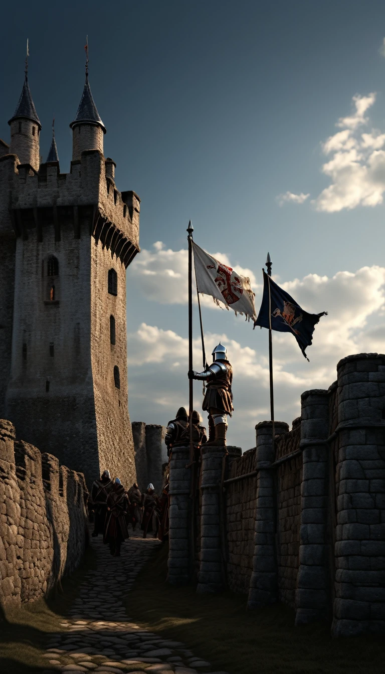 Defenders of a medieval castle raising a white flag over the ramparts as a sign of surrender, background dark, hyper realistic, ultra detailed hyper realistic, photorealistic, Studio Lighting, reflections, dynamic pose, Cinematic, Color Grading, Photography, Shot on 50mm lens, Ultra-Wide Angle, Depth of Field, hyper-detailed, beautifully color, 8k, golden light from the front,