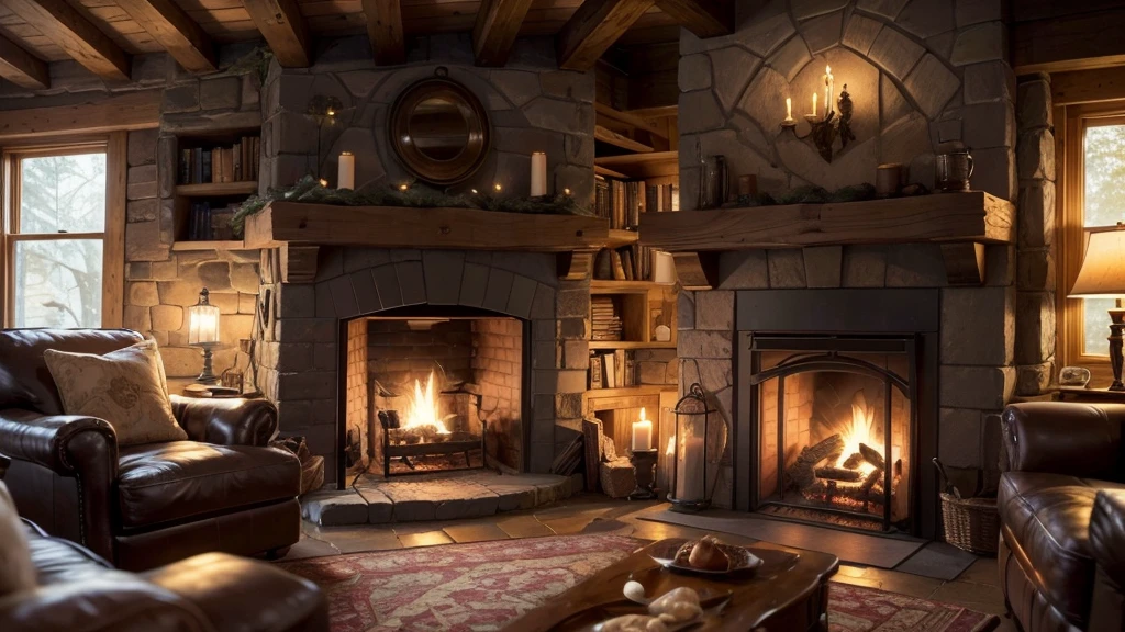 A close-up of a cozy crackling fireplace at nighttime, occupying almost 90% of the image. The fireplace features a traditional brick style with intricate European decor. The scene is warmly lit by the flickering flames and several lit candles placed on the mantel. The brickwork is aged and textured, with a detailed apron below the hearth. The firewood is stacked neatly, and the fire burns brightly, casting a soft, inviting glow. The ambiance is warm and inviting, perfect for a cozy evening indoors. A close-up photorealistic image of a cozy crackling fireplace with warm, inviting lighting. The fire should be the main focus, with dancing flames, glowing embers, and wisps of smoke. The fireplace itself should be made of stone or brick, with a rustic and timeworn appearance. Use warm tones and high contrast to create a cozy and inviting atmosphere.