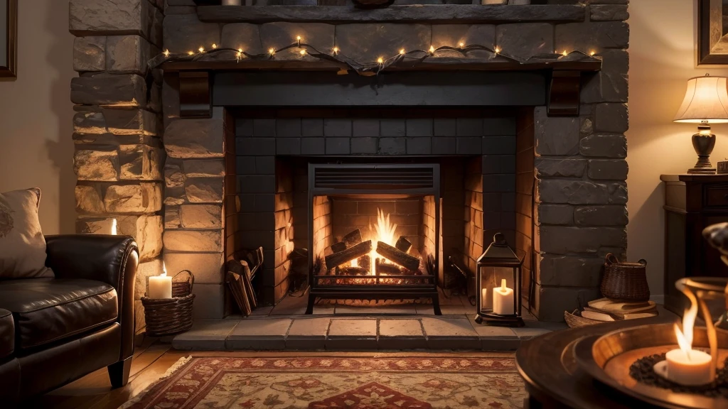 A close-up of a cozy crackling fireplace at nighttime, occupying almost 90% of the image. The fireplace features a traditional brick style with intricate European decor. The scene is warmly lit by the flickering flames and several lit candles placed on the mantel. The brickwork is aged and textured, with a detailed apron below the hearth. The firewood is stacked neatly, and the fire burns brightly, casting a soft, inviting glow. The ambiance is warm and inviting, perfect for a cozy evening indoors. A close-up photorealistic image of a cozy crackling fireplace with warm, inviting lighting. The fire should be the main focus, with dancing flames, glowing embers, and wisps of smoke. The fireplace itself should be made of stone or brick, with a rustic and timeworn appearance. Use warm tones and high contrast to create a cozy and inviting atmosphere.