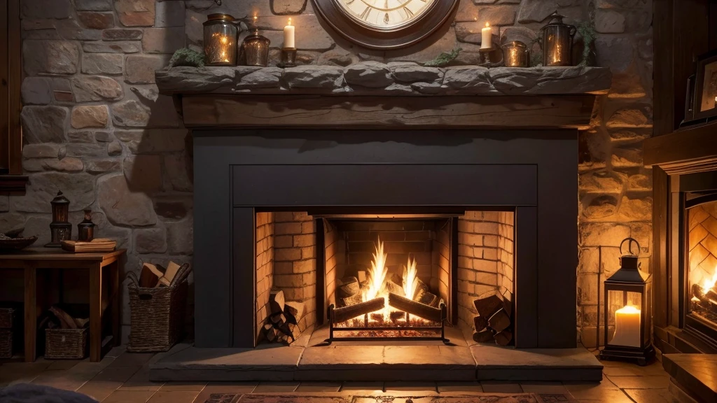 A close-up of a cozy crackling fireplace at nighttime, occupying almost 90% of the image. The fireplace features a traditional brick style with intricate European decor. The scene is warmly lit by the flickering flames and several lit candles placed on the mantel. The brickwork is aged and textured, with a detailed apron below the hearth. The firewood is stacked neatly, and the fire burns brightly, casting a soft, inviting glow. The ambiance is warm and inviting, perfect for a cozy evening indoors. A close-up photorealistic image of a cozy crackling fireplace with warm, inviting lighting. The fire should be the main focus, with dancing flames, glowing embers, and wisps of smoke. The fireplace itself should be made of stone or brick, with a rustic and timeworn appearance. Use warm tones and high contrast to create a cozy and inviting atmosphere.