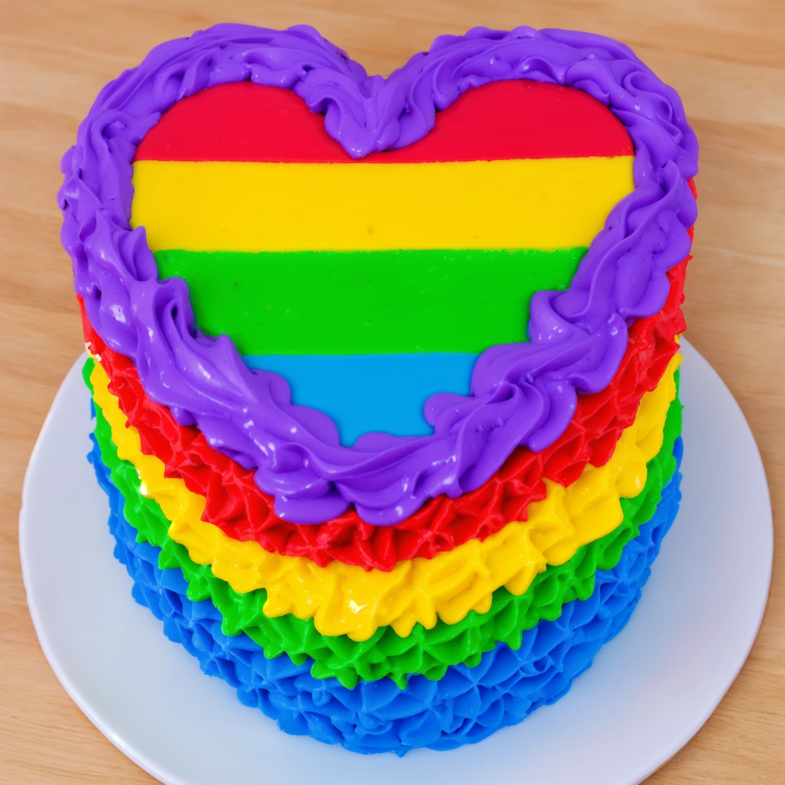 on a wooden table, there is a white plate with a heart cake , rainbow cream heart cake ( star shaped) , красный крем star shaped, желтый кремstar shaped, зеленый крем star shaped, голубой крем star shaped, multi-colored heart on top, decorated with purple cream, cream with highlights, view from above, Beautiful light from the window, beautiful lighting, bright announcement, Multiple light sources, Realistic style, realistic textures, high quality, high detail, detailed textures, ultra 4k hd, macro photography