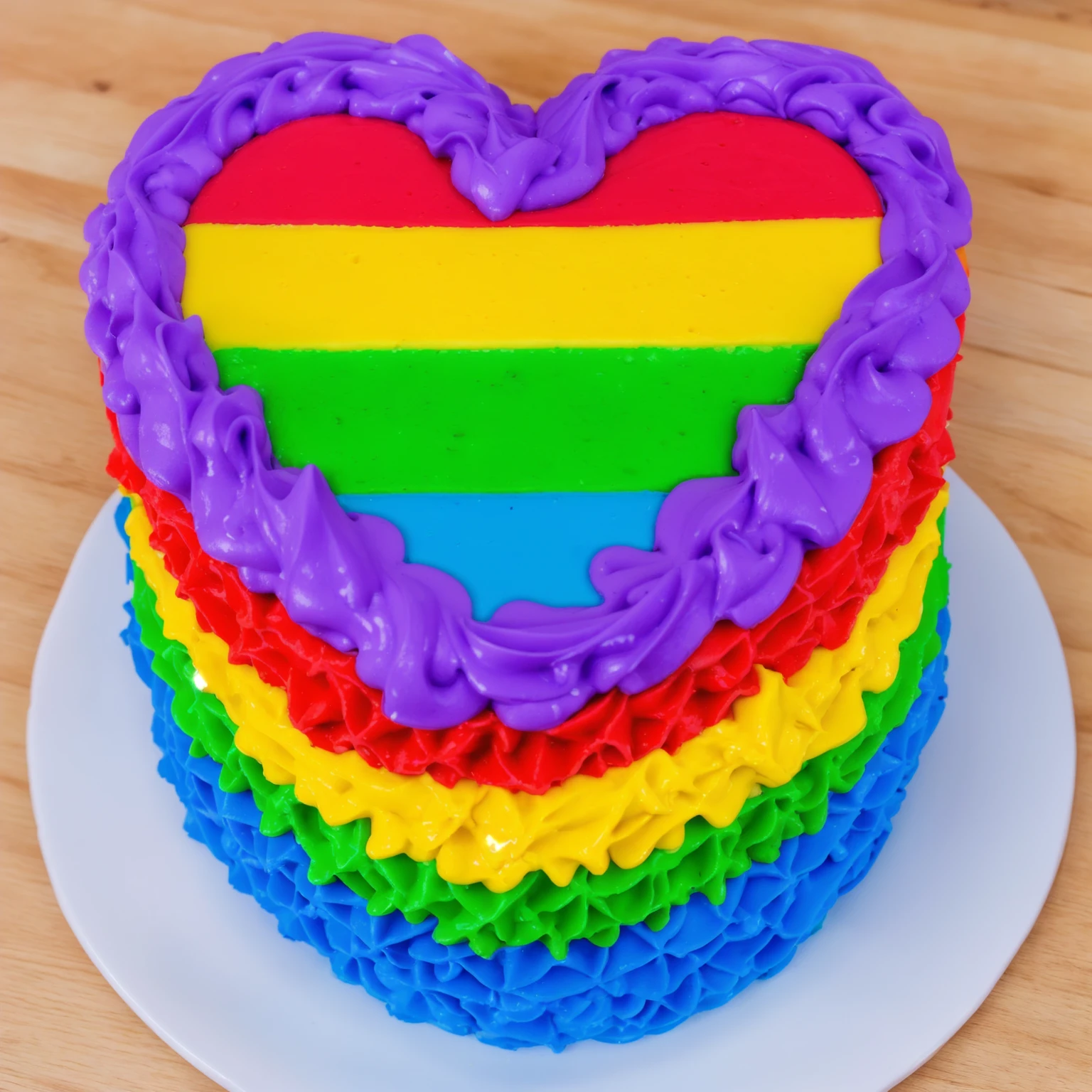 on a wooden table, there is a white plate with a heart cake , rainbow cream heart cake ( star shaped) , красный крем star shaped, желтый кремstar shaped, зеленый крем star shaped, голубой крем star shaped, multi-colored heart on top, decorated with purple cream, cream with highlights, view from above, Beautiful light from the window, beautiful lighting, bright announcement, Multiple light sources, Realistic style, realistic textures, high quality, high detail, detailed textures, ultra 4k hd, macro photography
