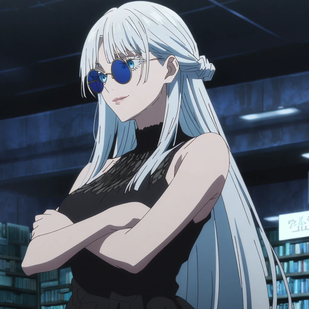 1girl, female gojo satoru, anime screencap from jujutsu kaisen, gojo satoru female version, solo, long_hair, blue eyes, ((white eyelashes)), ((white_hair)), night view, breasts, upper_body, smile, indoors, book, bangs, blue_eyes, lips, (wearing round sunglasses) , ((her hairstyle : The character in the image has long straight white hair)) wearing black color party dress, bare shoulder, breast, "very detailed and high resolution" (blue eyes) ((cross arms)) ((long hair)) ((solo)) ((high resolution)) ((upper body)) (Good quality)