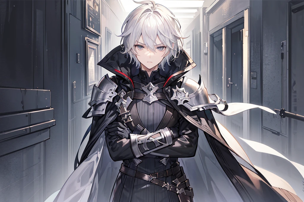 Handsome male, , teenager, short white hair, dark eyes, black eyes, lucilius from granblue fantasy, close up, calm expression, stoic, grey military clothes, black cape, black gloves, crossed arms, upper body, looking at viewer, cowboy shot, black hallway background